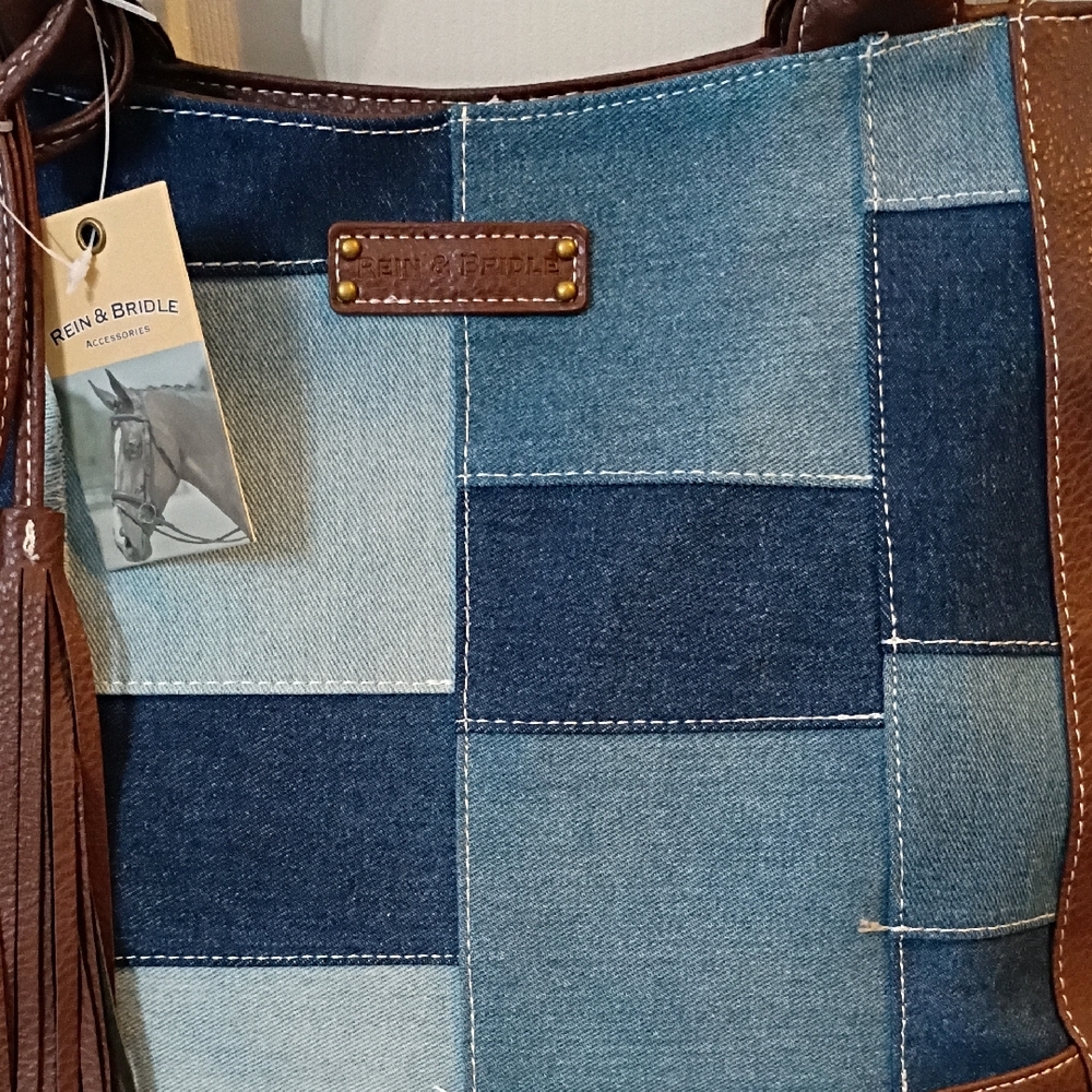 Elegant Denim and Brown Tote Bag - Picture 3 of 6